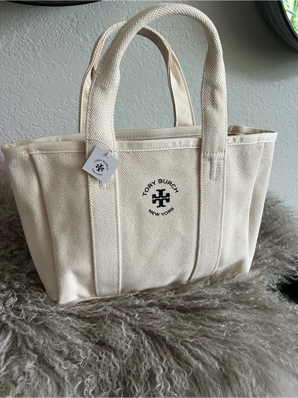 Tory Burch Cream Canvas Mini Tote with Blue Logo Size 13 by 9